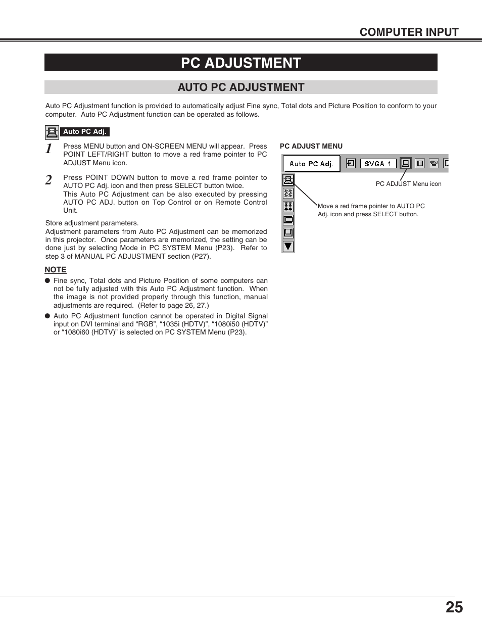 Pc adjustment, Auto pc adjustment | Eiki LC-XG110 User Manual | Page 25 / 48