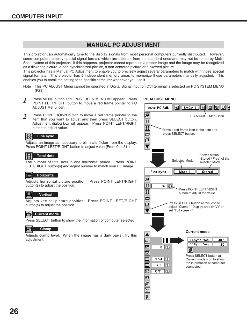 Manual pc adjustment, Computer input manual pc adjustment | Eiki LC-XG110 User Manual | Page 26 / 48
