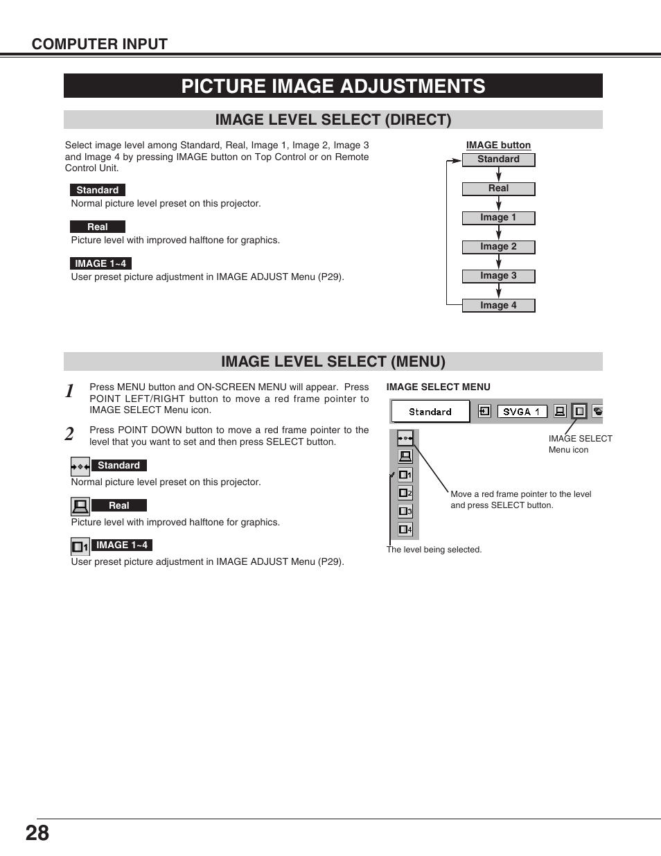 Picture image adjustments, Image level selection, Computer input | Image level select (menu), Image level select (direct) | Eiki LC-XG110 User Manual | Page 28 / 48