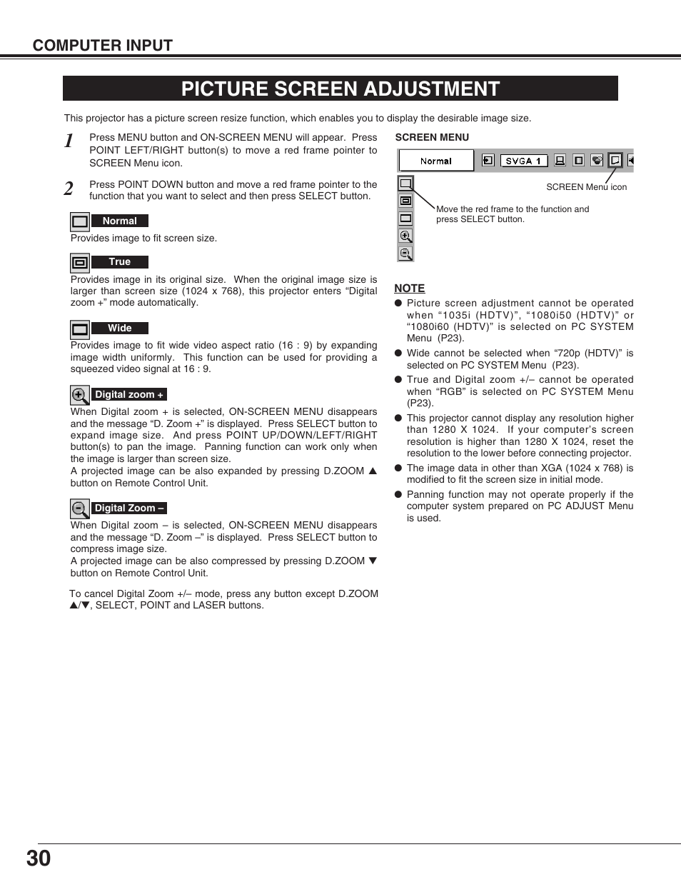 Picture screen adjustment, Computer input | Eiki LC-XG110 User Manual | Page 30 / 48