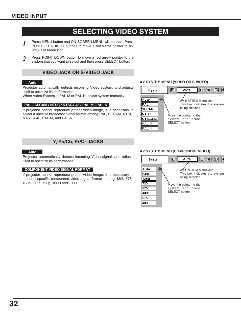 Selecting video system, Video input | Eiki LC-XG110 User Manual | Page 32 / 48
