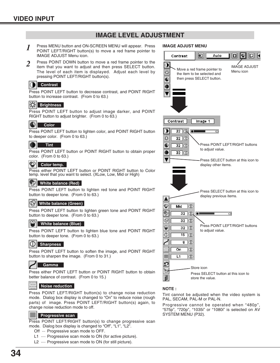 Image level adjustment, Video input | Eiki LC-XG110 User Manual | Page 34 / 48
