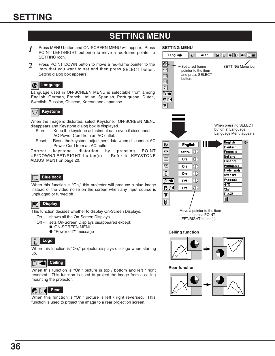 Setting, Setting menu, Setting 36 | Eiki LC-XG110 User Manual | Page 36 / 48