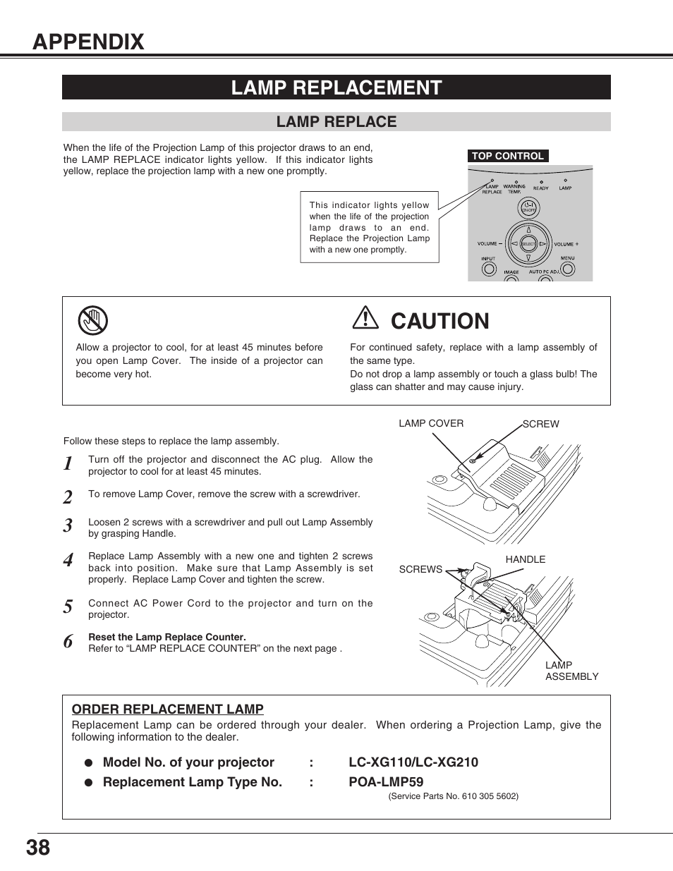 Appendix, Lamp replacement, Lamp replace | Caution | Eiki LC-XG110 User Manual | Page 38 / 48