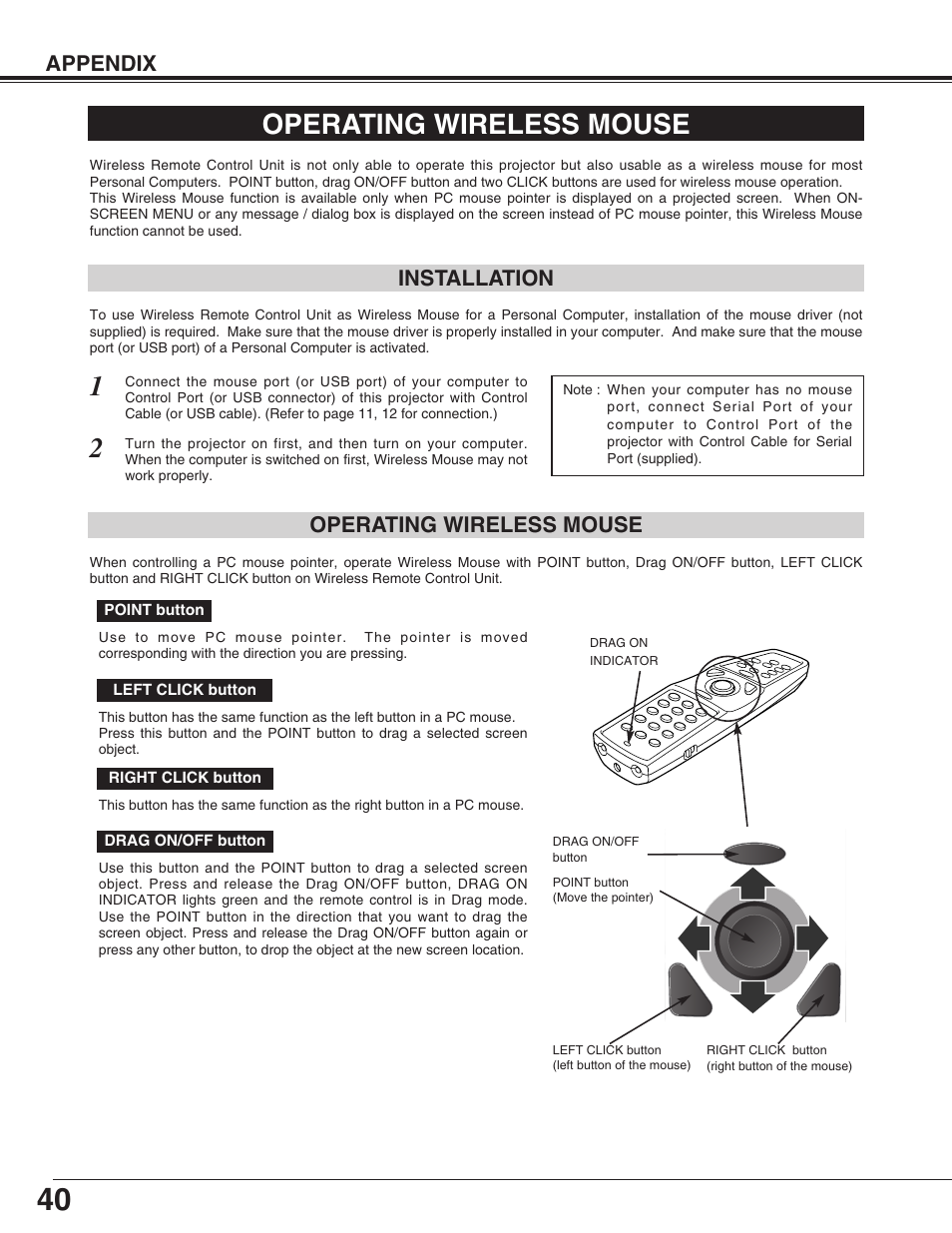 Operating wireless mouse, Appendix, Installation | Eiki LC-XG110 User Manual | Page 40 / 48