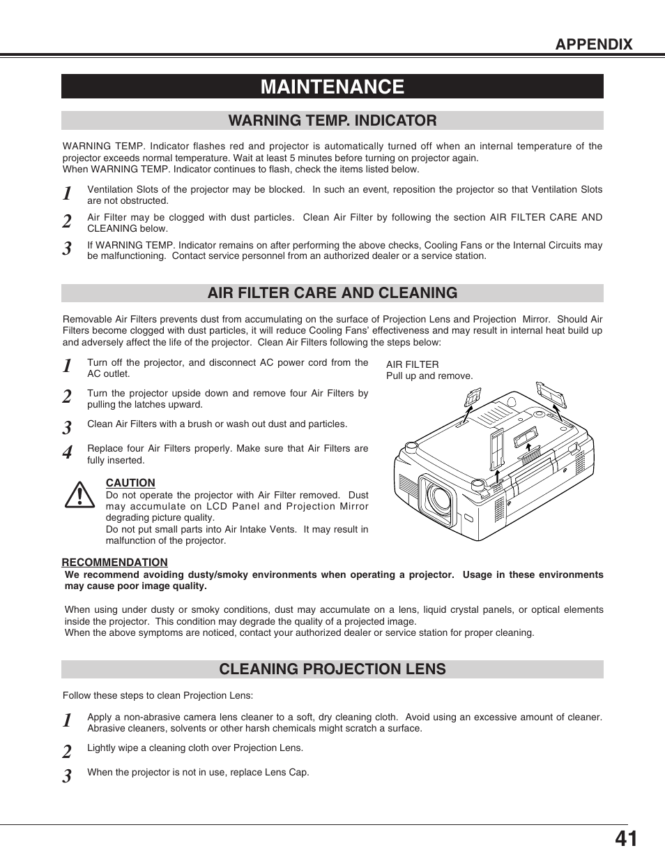 Maintenance, Warning temp. indicator, Air filter care and cleaning | Cleaning projection lens | Eiki LC-XG110 User Manual | Page 41 / 48