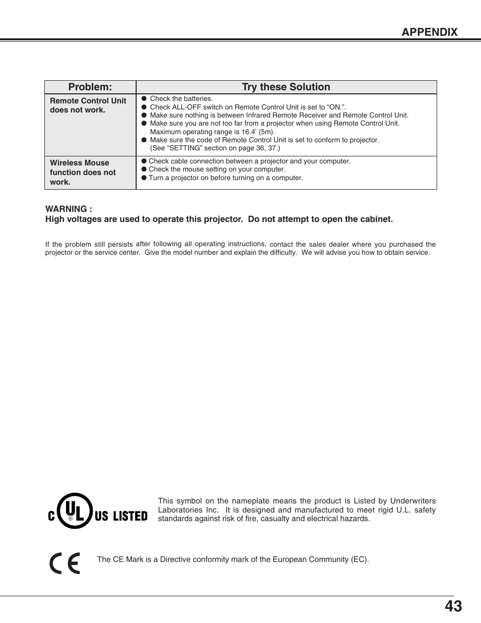 Appendix, Problem: try these solution | Eiki LC-XG110 User Manual | Page 43 / 48