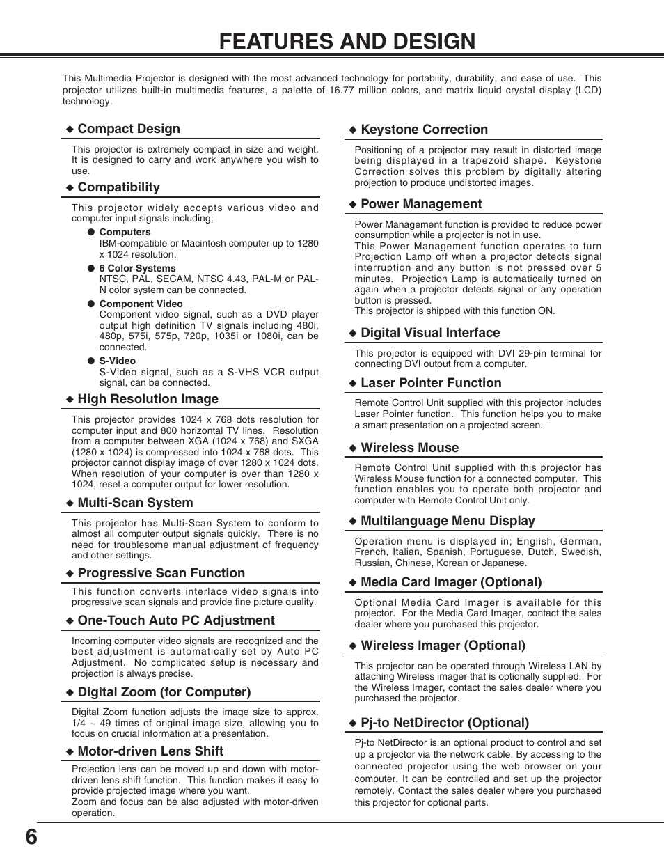 Features and design, Name of each part of projector, Adjustable feet | 6features and design | Eiki LC-XG110 User Manual | Page 6 / 48