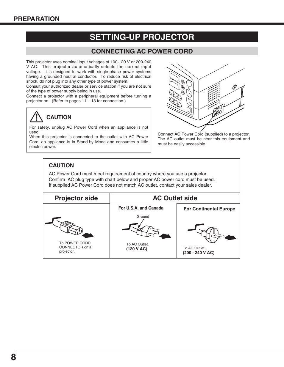 Setting up projector, Connecting ac power cord, Setting-up projector | Preparation, Projector side ac outlet side | Eiki LC-XG110 User Manual | Page 8 / 48