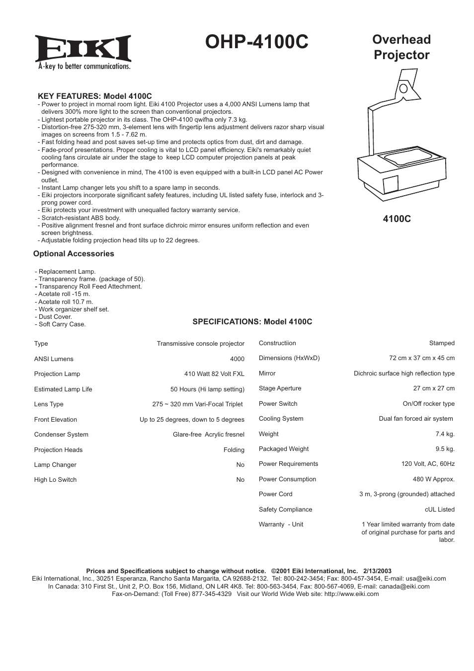 Eiki OHP-4100A User Manual | 1 page