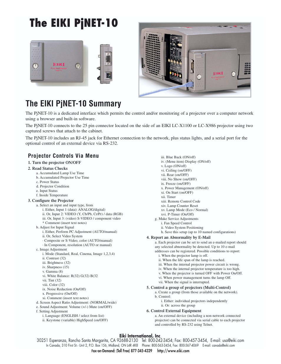 Eiki PjNET-10 User Manual | 1 page