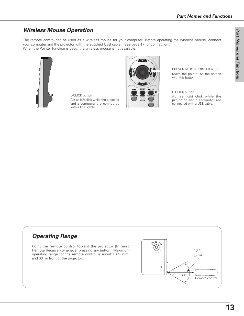 Wireless mouse operation, Operating range, Operating range wireless mouse operation | Eiki LC-XB30 User Manual | Page 13 / 64