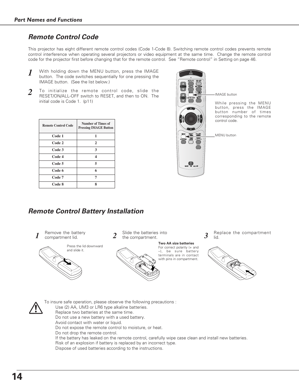 Remote control code, Remote control battery insta, Remote control battery installation | Eiki LC-XB30 User Manual | Page 14 / 64