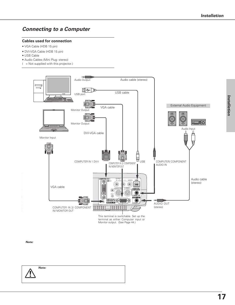 Connecting to a computer, Installation, Cables used for connection | Eiki LC-XB30 User Manual | Page 17 / 64