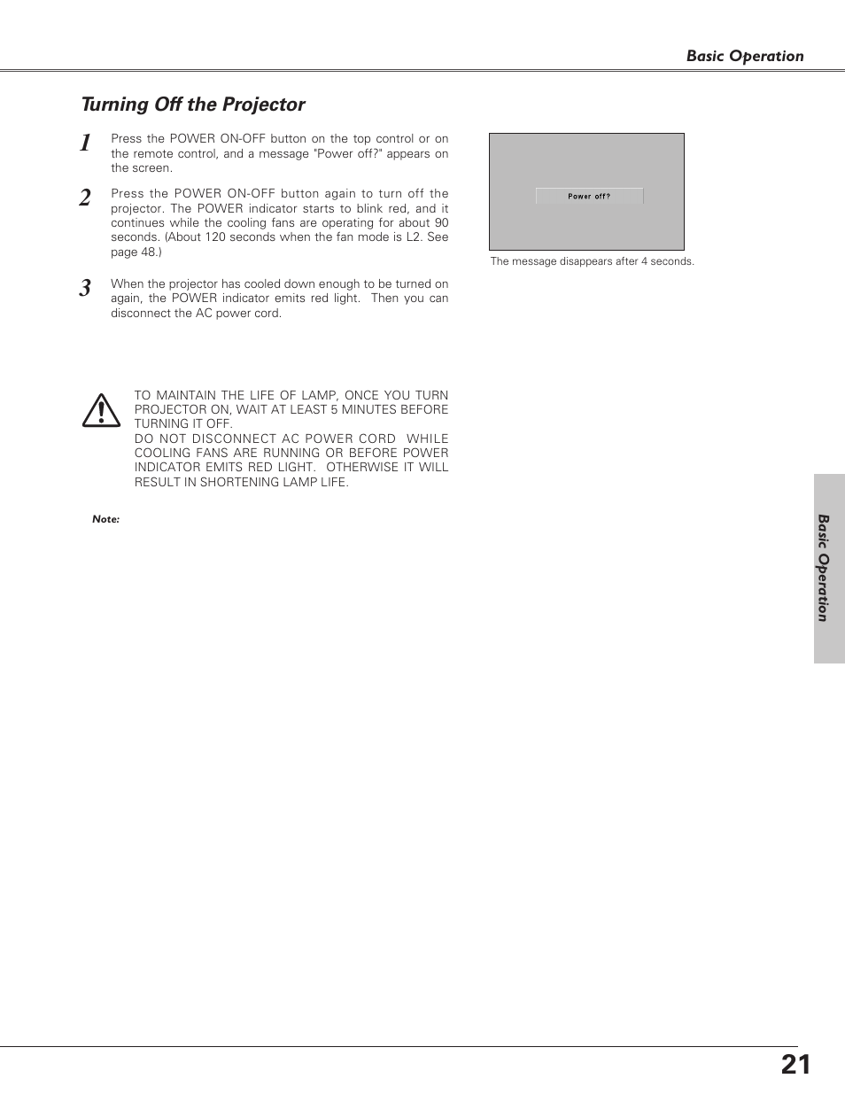 Turning off the projector | Eiki LC-XB30 User Manual | Page 21 / 64