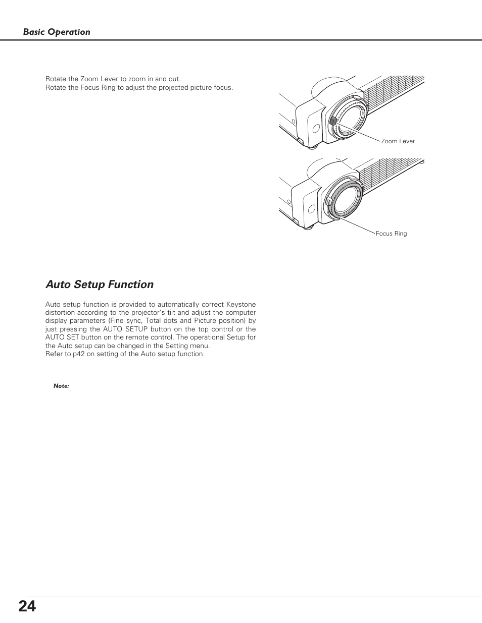 Zoom and focus adjustment, Auto setup function | Eiki LC-XB30 User Manual | Page 24 / 64