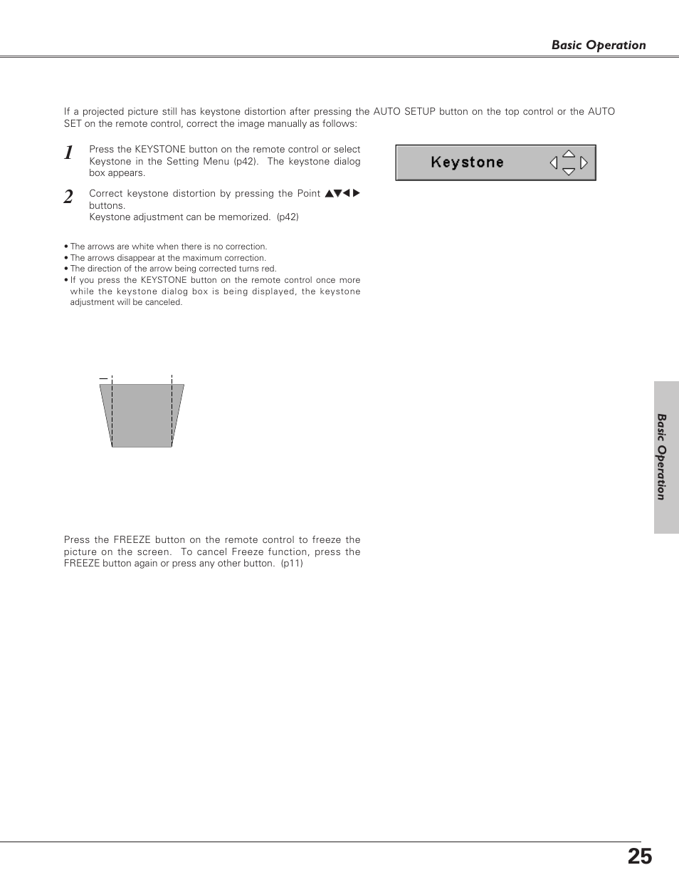 Keystone adjustment, Picture freeze function, No show function | Eiki LC-XB30 User Manual | Page 25 / 64
