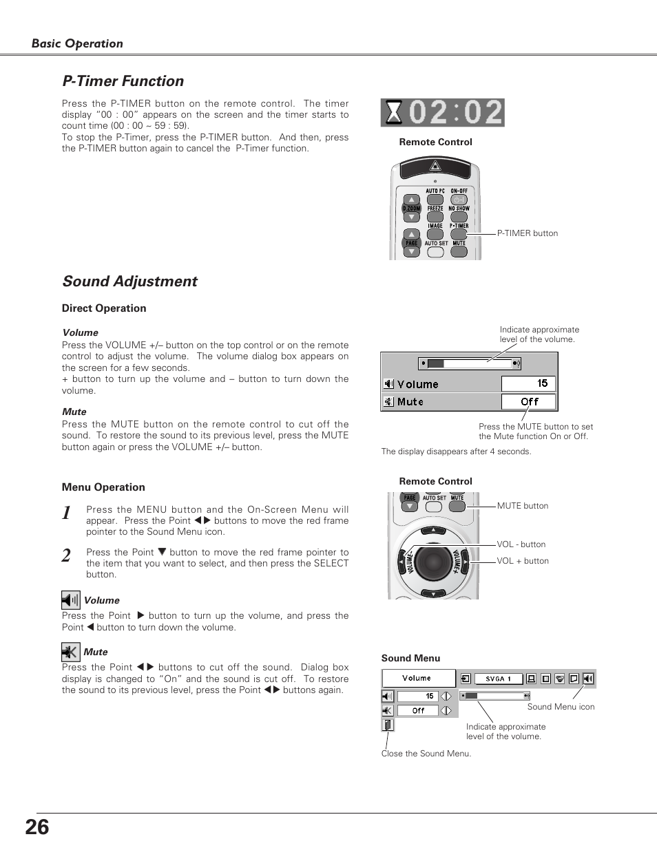 P-timer function, Sound adjustment | Eiki LC-XB30 User Manual | Page 26 / 64