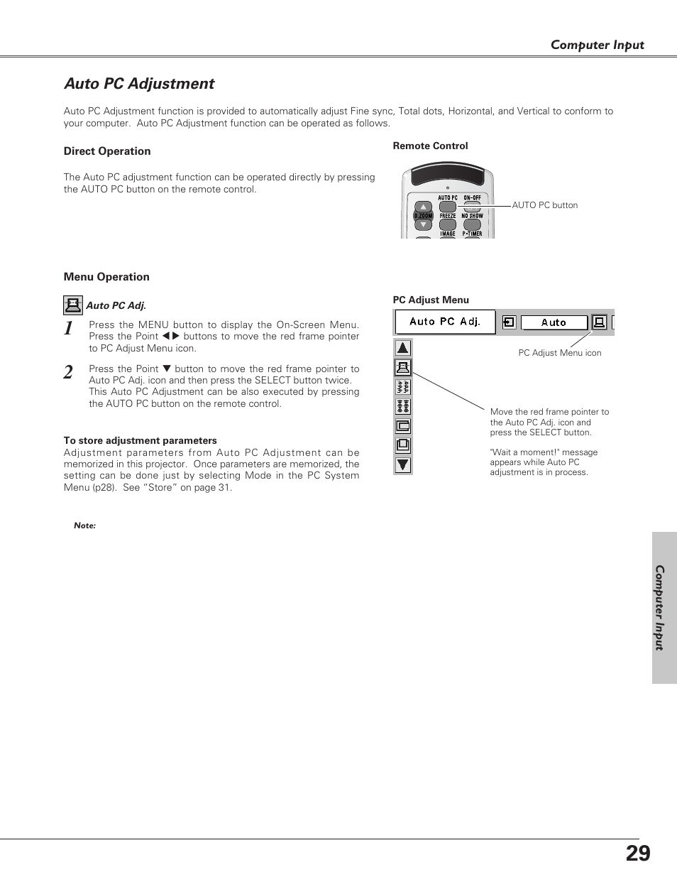 Auto pc adjustment | Eiki LC-XB30 User Manual | Page 29 / 64