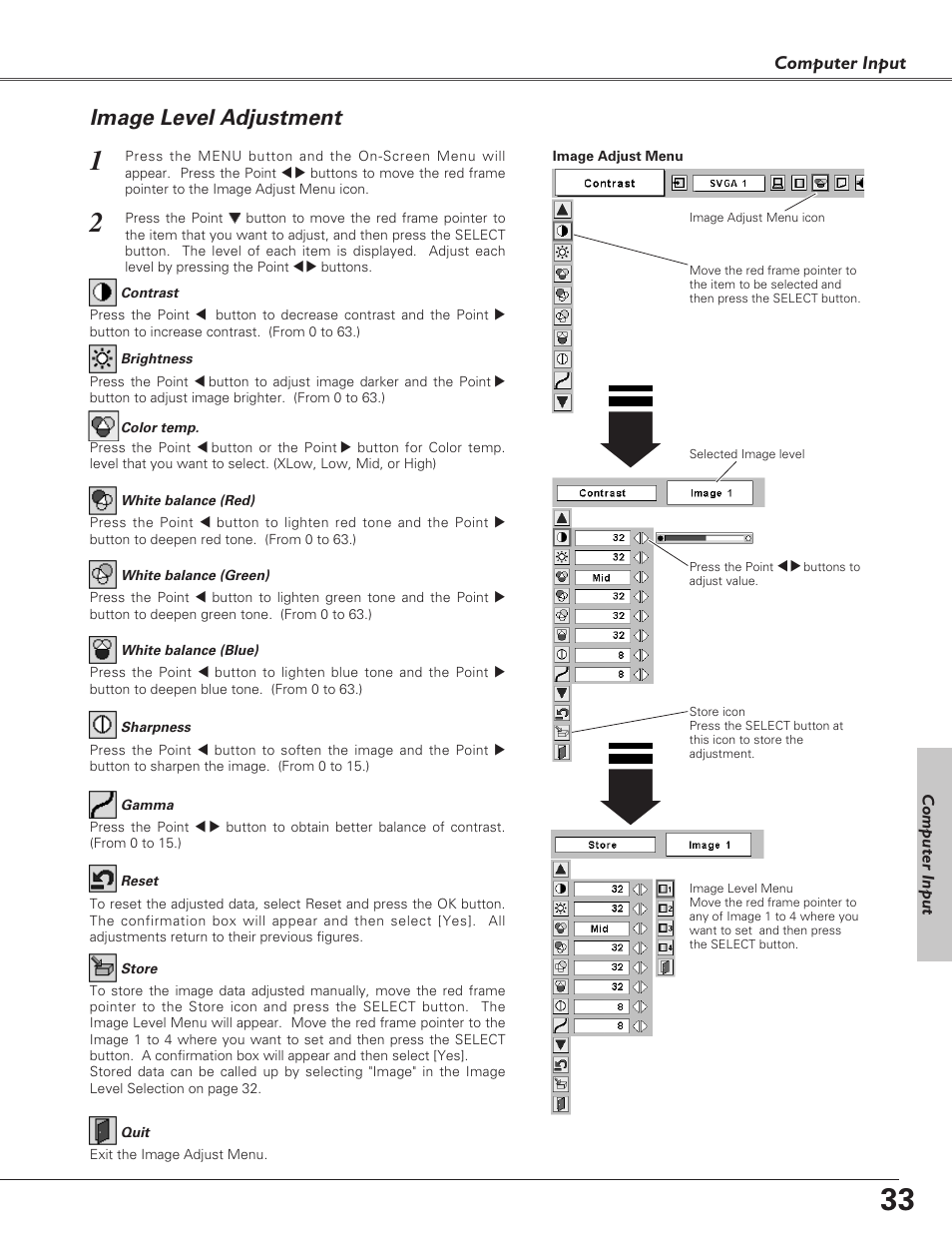 Image level adjustment, Computer input | Eiki LC-XB30 User Manual | Page 33 / 64