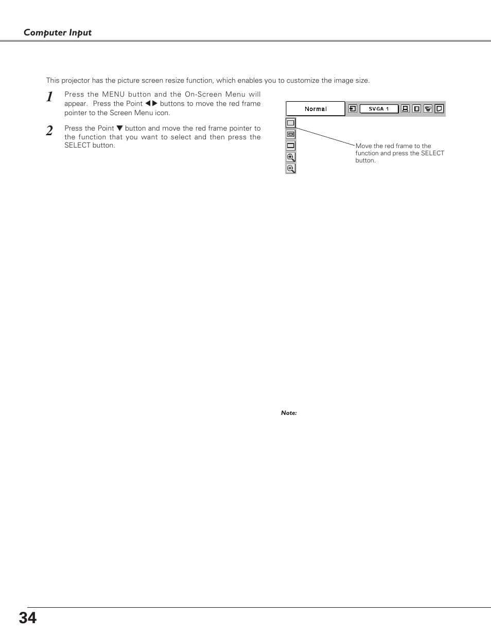 Screen size adjustment, Computer input | Eiki LC-XB30 User Manual | Page 34 / 64