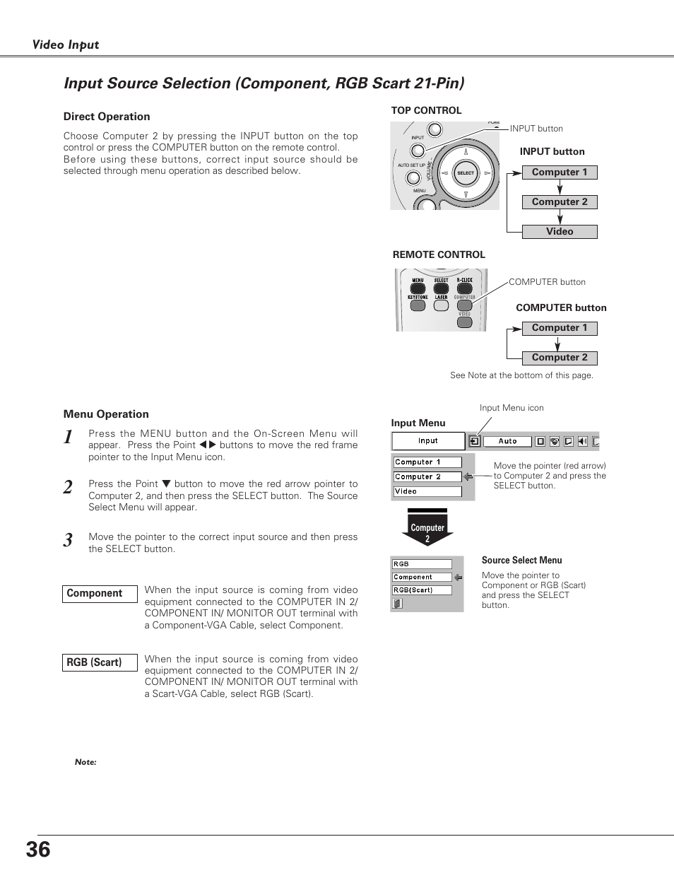 Input source selection (comp, Video input | Eiki LC-XB30 User Manual | Page 36 / 64