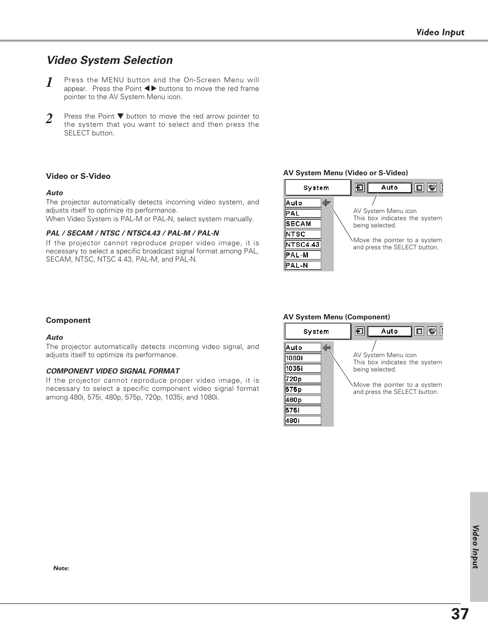 Video system selection | Eiki LC-XB30 User Manual | Page 37 / 64
