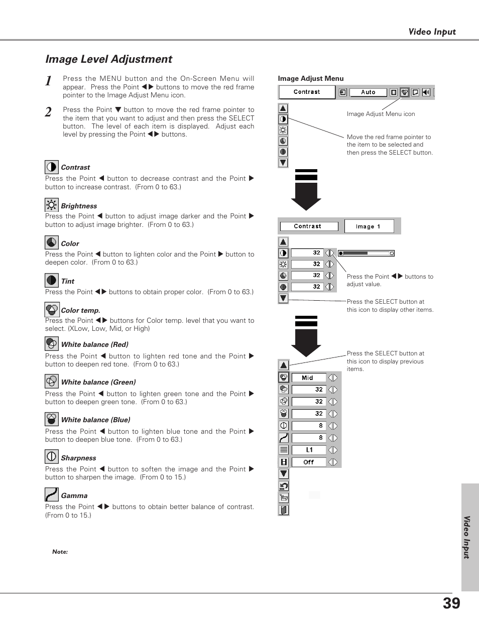 Image level adjustment, Video input | Eiki LC-XB30 User Manual | Page 39 / 64