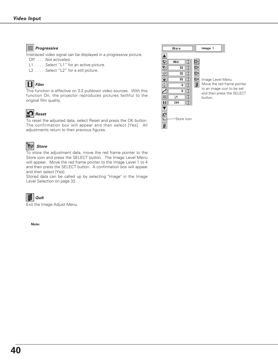 Video input | Eiki LC-XB30 User Manual | Page 40 / 64