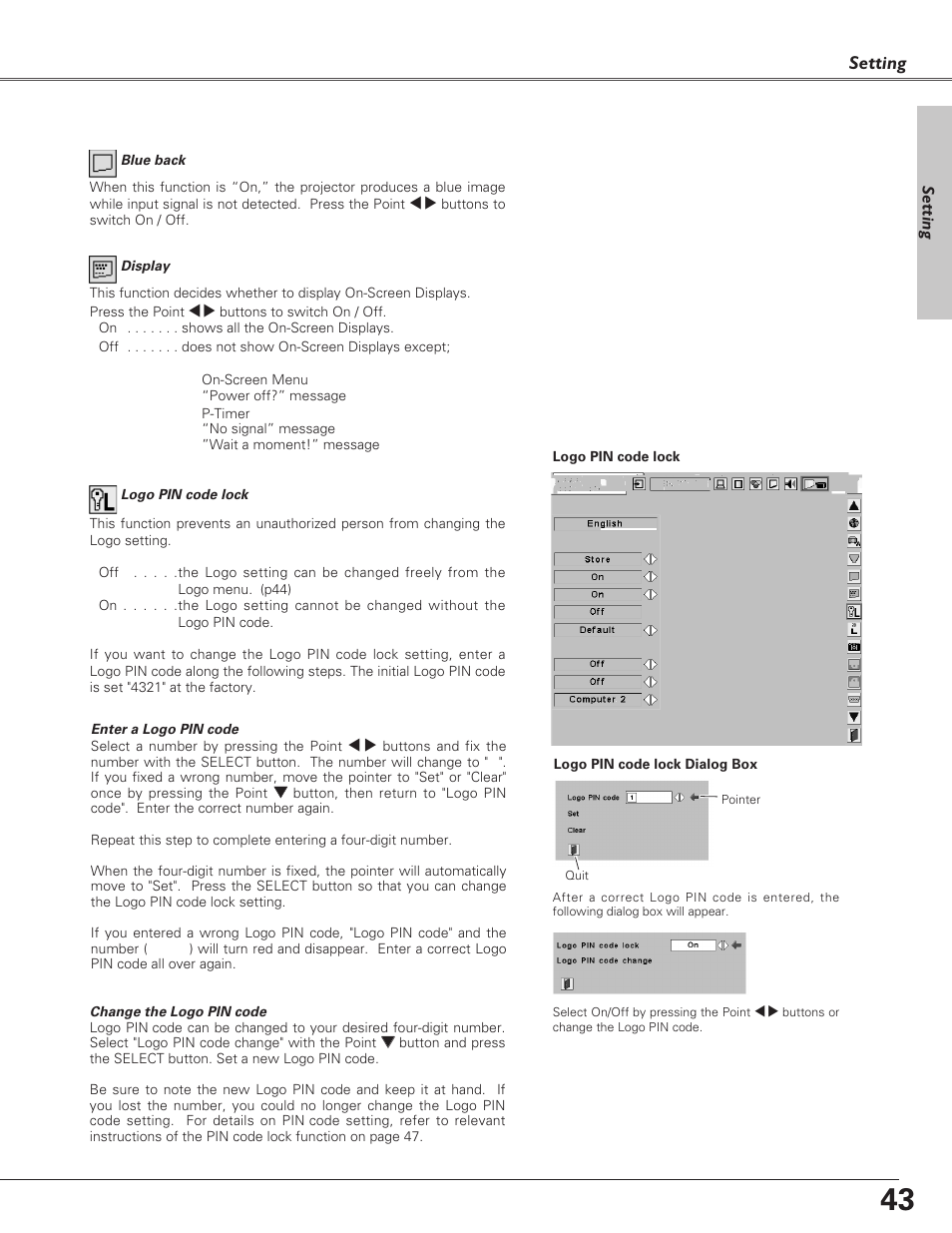 Setting | Eiki LC-XB30 User Manual | Page 43 / 64