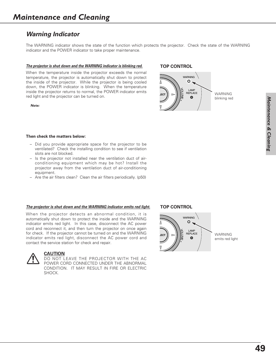 Maintenance and cleaning, Warning indicator, Maintenance & cleaning | Eiki LC-XB30 User Manual | Page 49 / 64