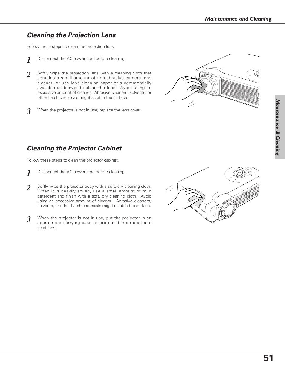 Cleaning the projection lens, Cleaning the projector cabinet | Eiki LC-XB30 User Manual | Page 51 / 64