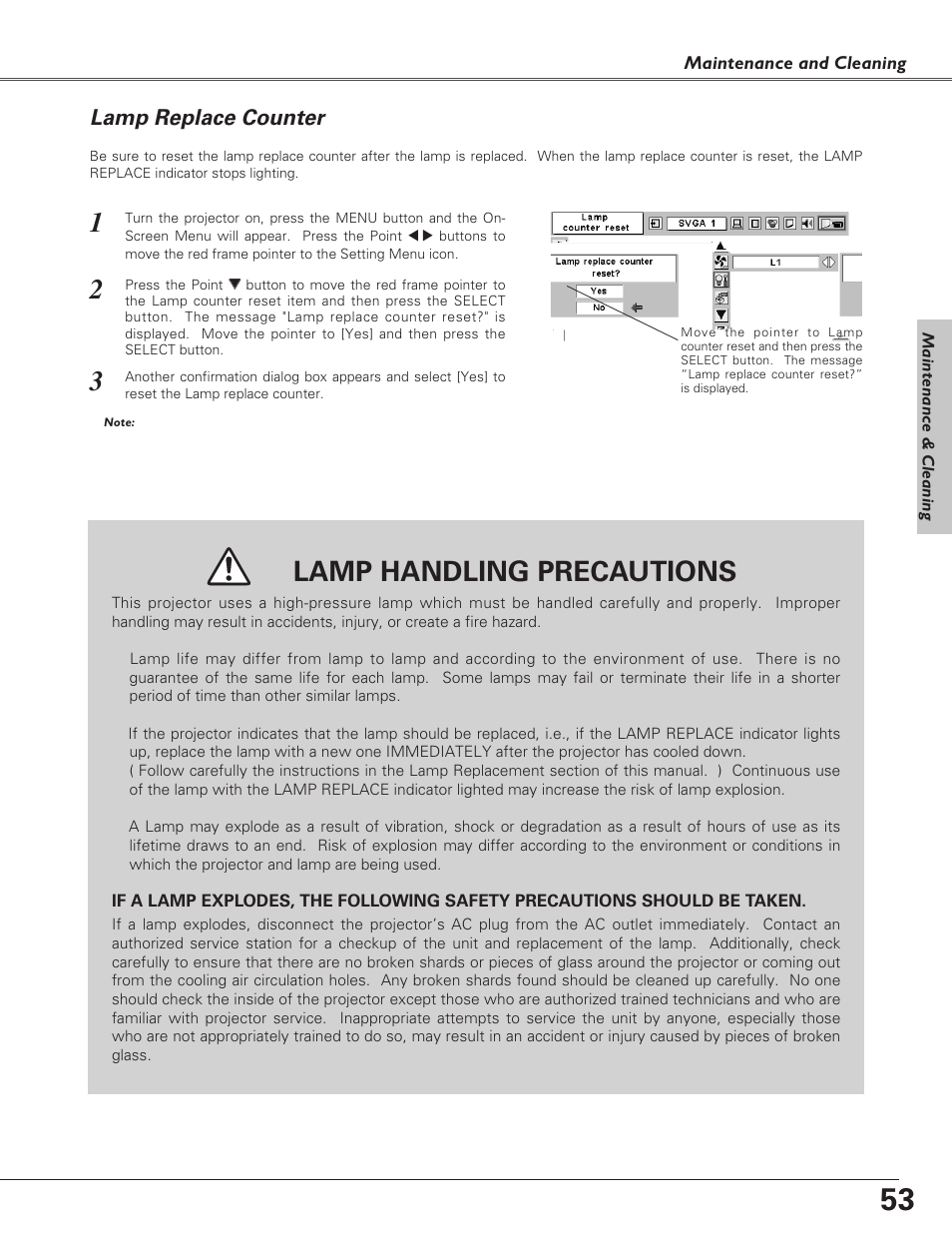 Lamp replace counter, Lamp handling precautions | Eiki LC-XB30 User Manual | Page 53 / 64