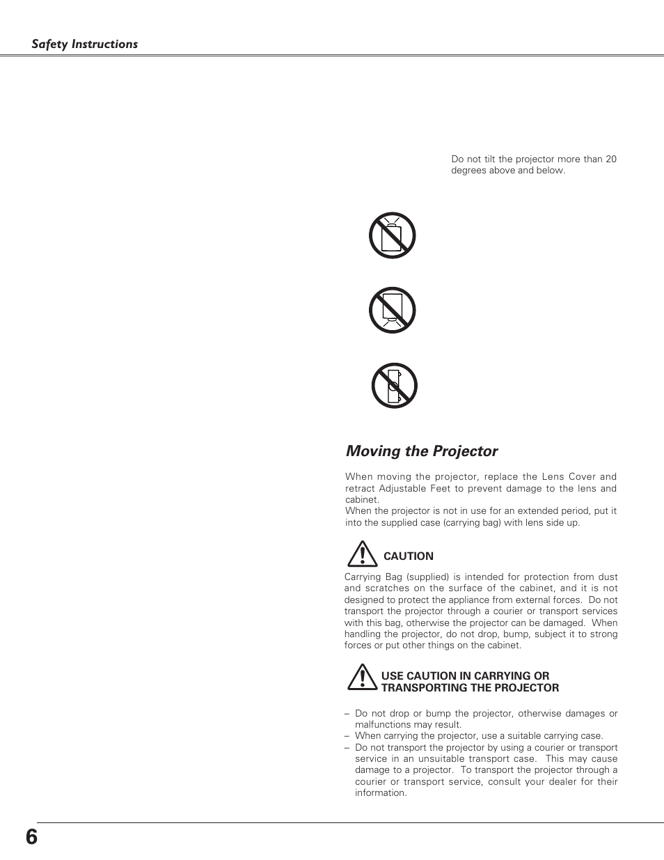 Air circulation, Installing the projector in, Moving the projector | Installing the projector in proper position | Eiki LC-XB30 User Manual | Page 6 / 64