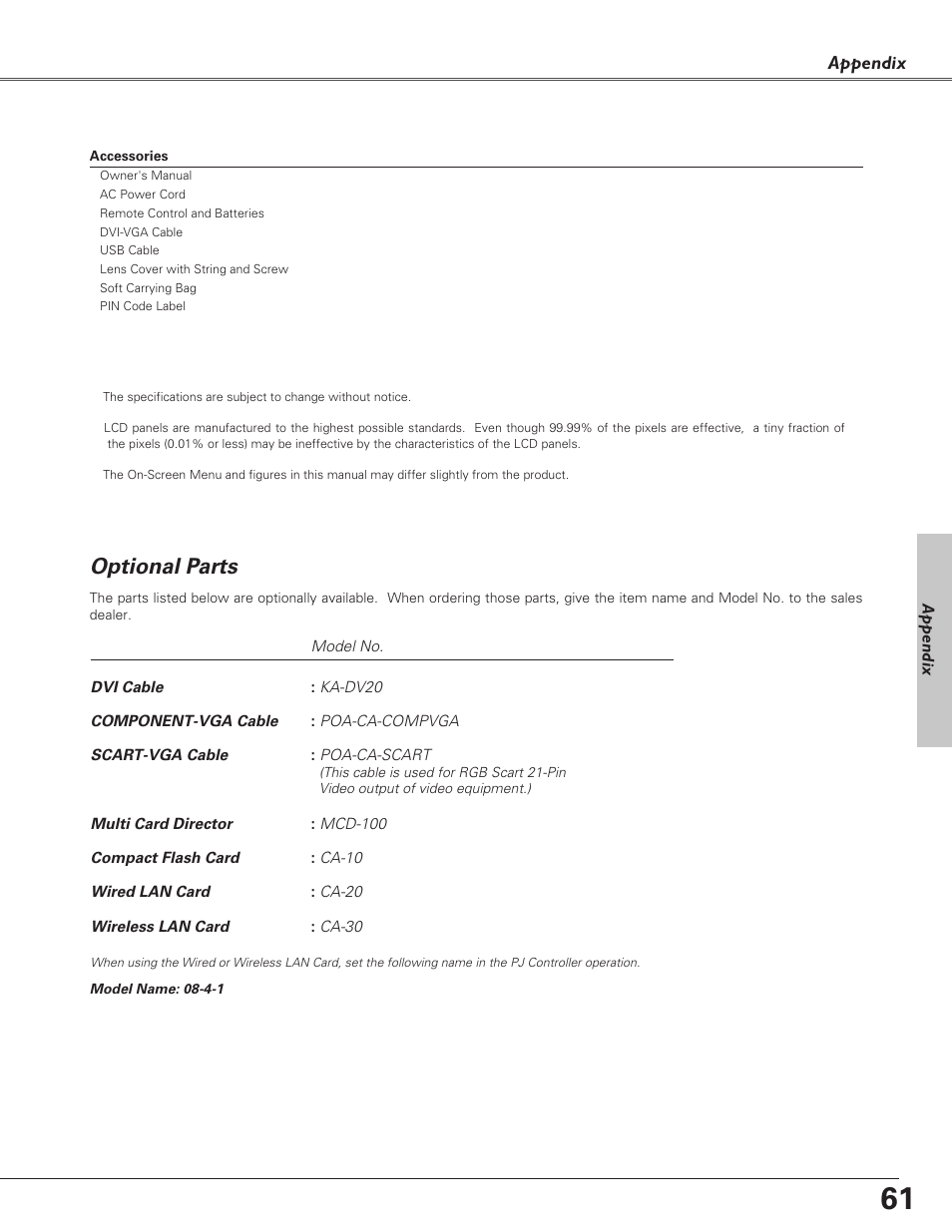 Optional parts | Eiki LC-XB30 User Manual | Page 61 / 64