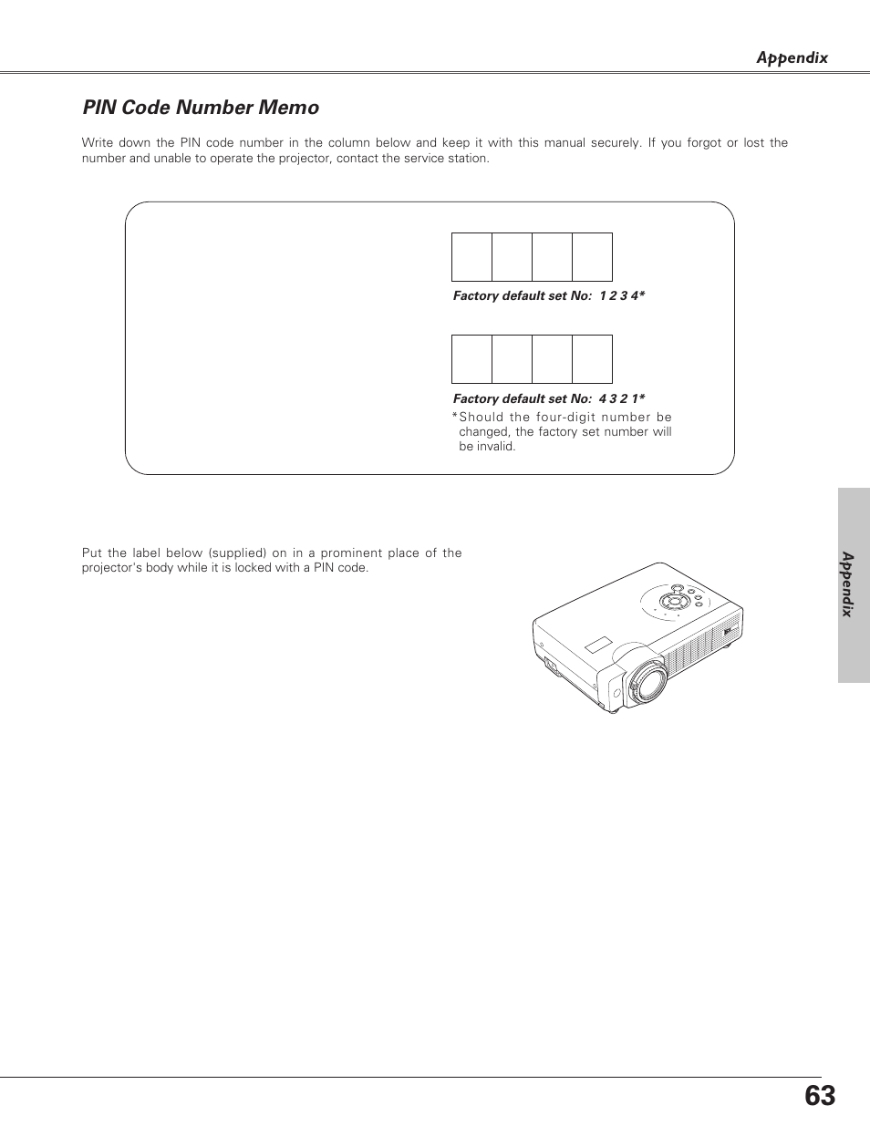 Pin code number memo | Eiki LC-XB30 User Manual | Page 63 / 64