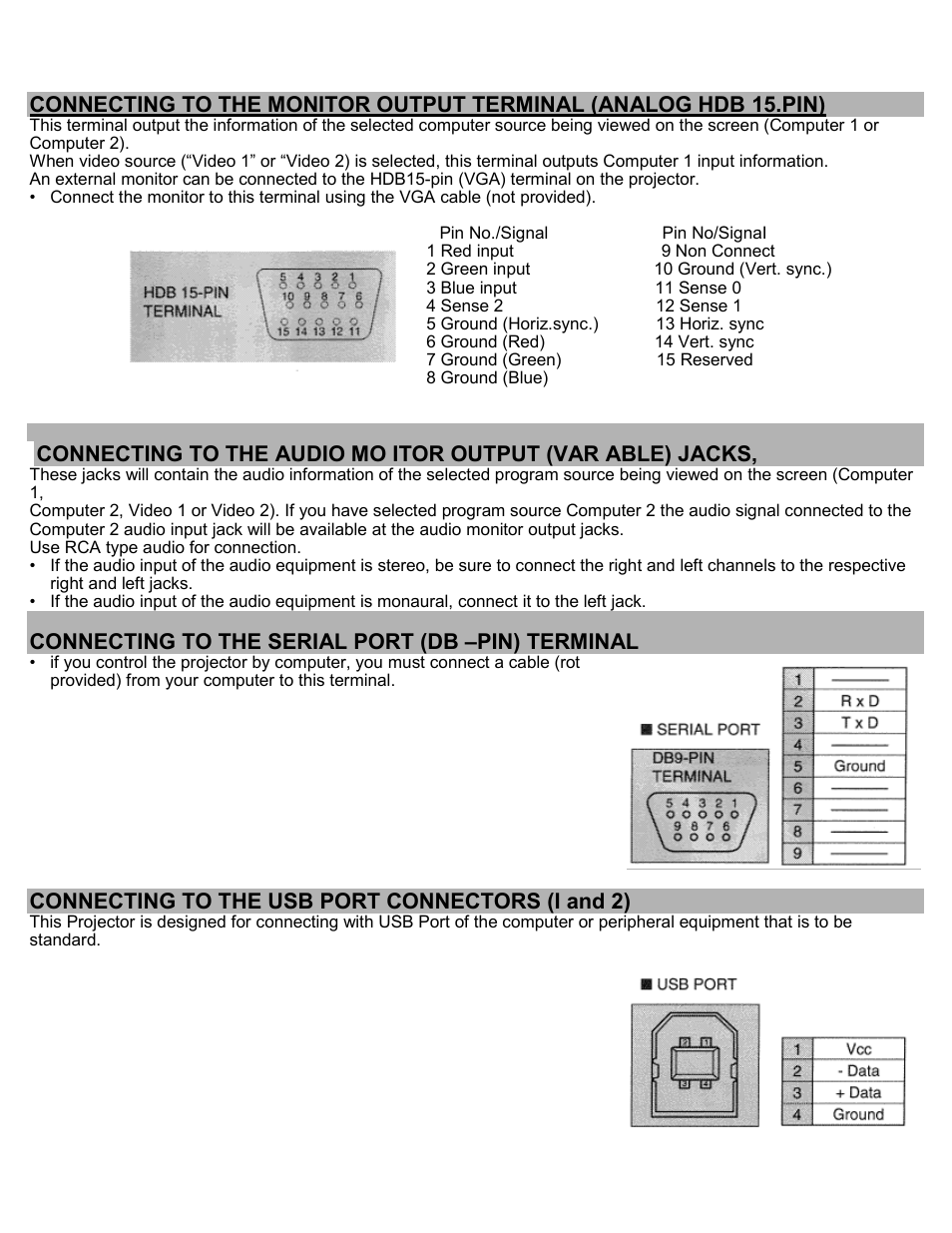 Connecting to the serial port (db –pin) terminal, Connecting to the usb port connectors (i and 2) | Eiki LC-SXIU User Manual | Page 13 / 59