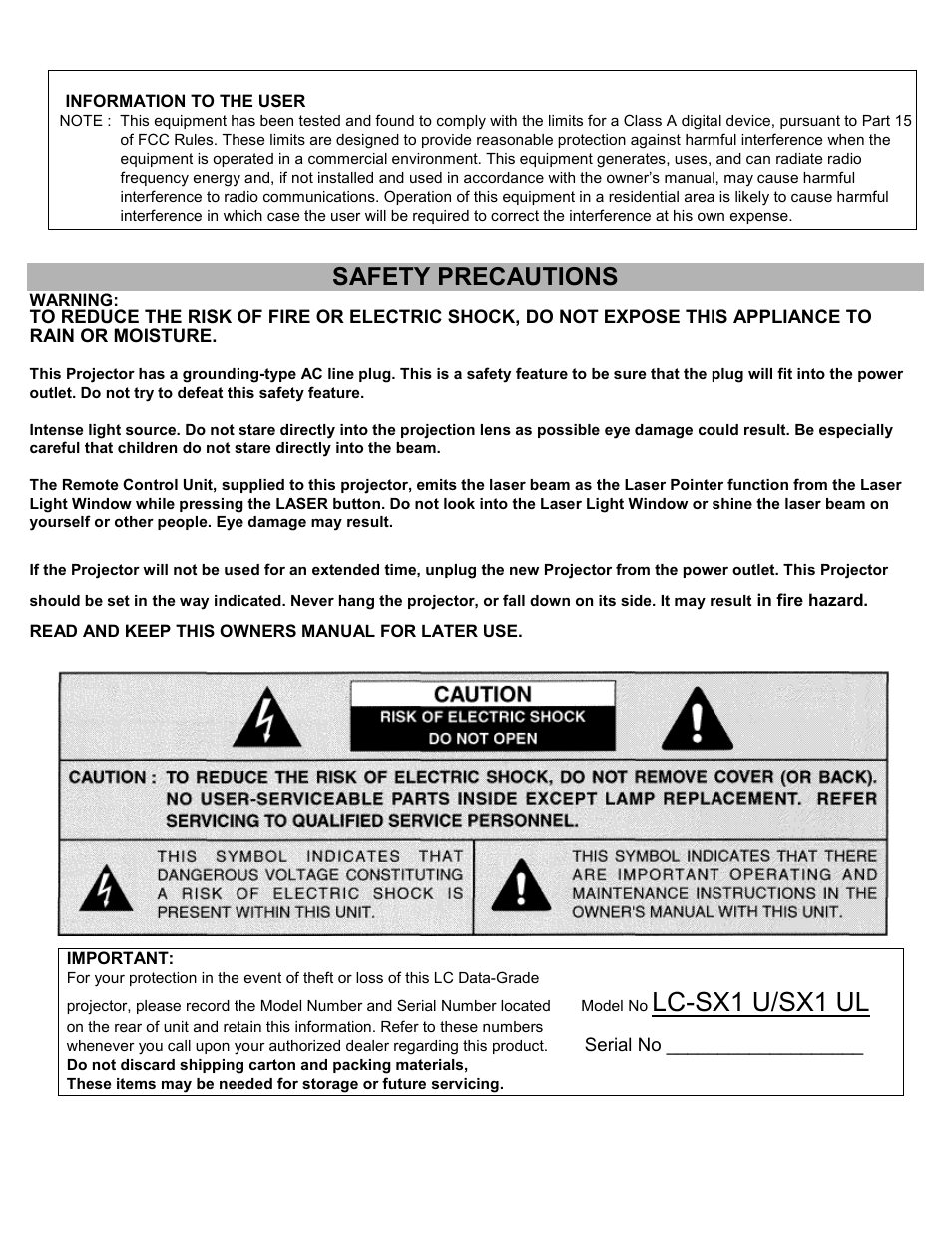 Safety, Lc-sx1 u/sx1 ul, Safety precautions | Eiki LC-SXIU User Manual | Page 2 / 59