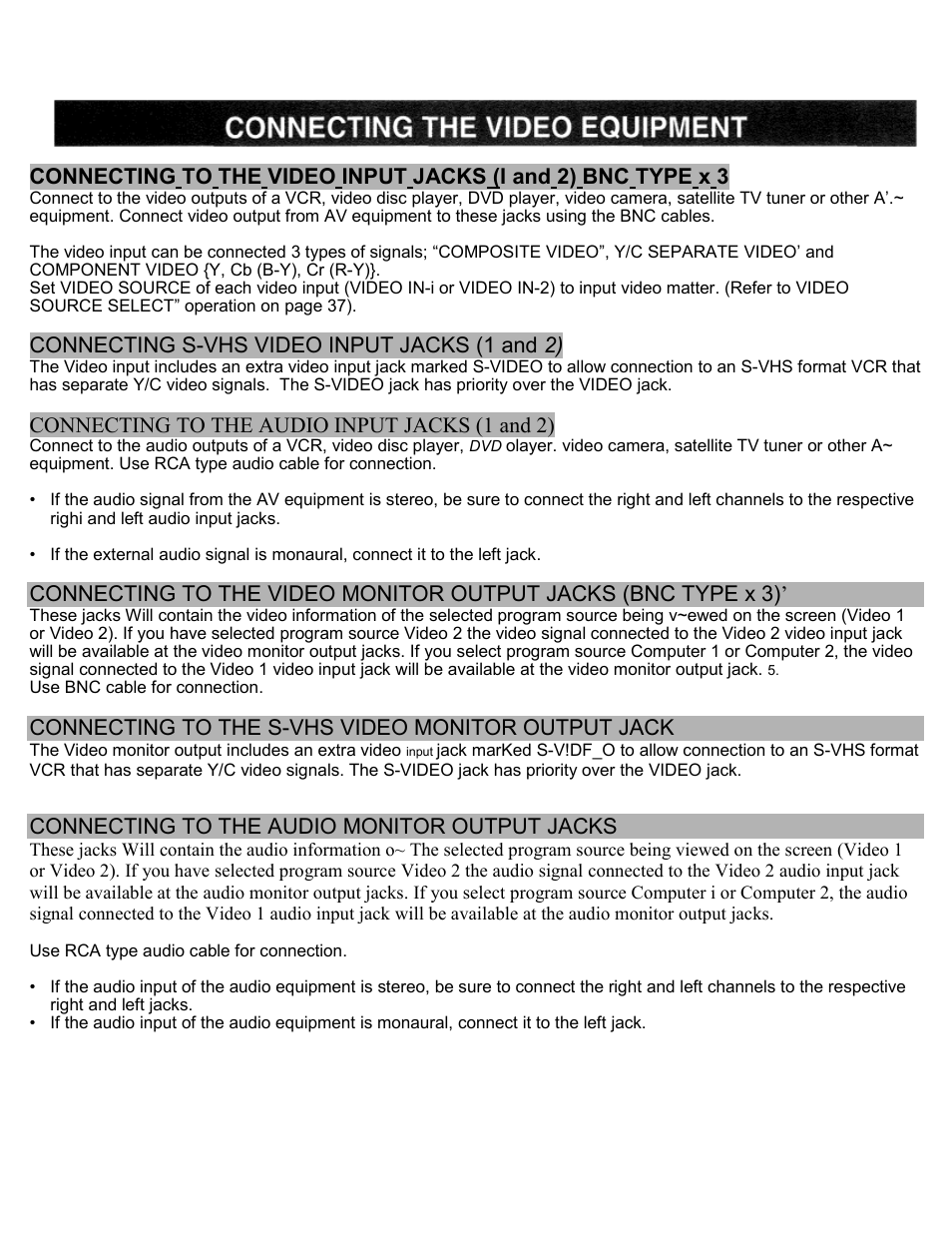 Connecting the video equipment, Connecting s-vhs video input jacks (1 and 2), Connecting to the audio input jacks (1 and 2) | Connecting to the s-vhs video monitor output jack, Connecting to the audio monitor output jacks | Eiki LC-SXIU User Manual | Page 20 / 59