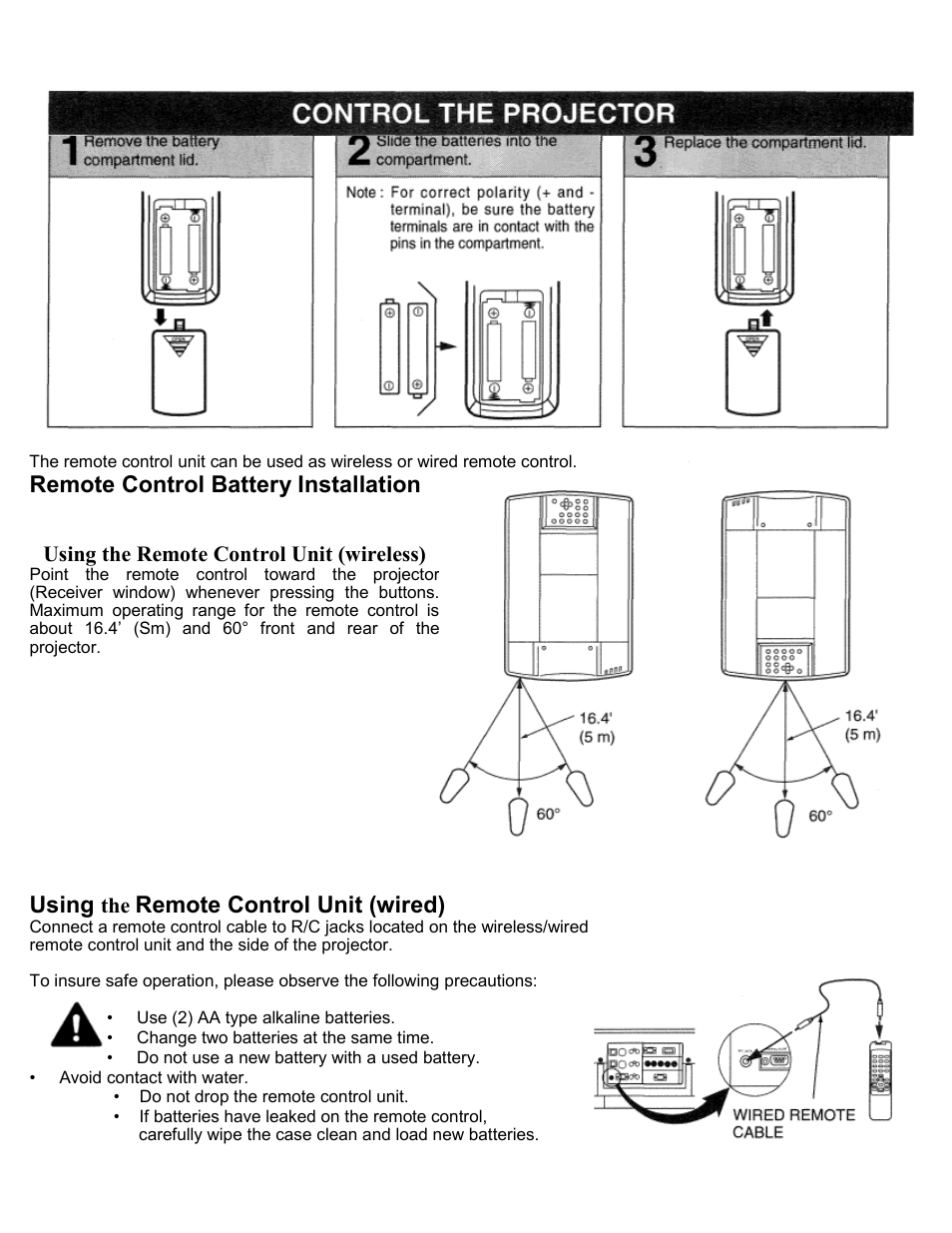 Remote control battery installation, Using, Remote control unit (wired) | Using the remote control unit (wireless) | Eiki LC-SXIU User Manual | Page 28 / 59