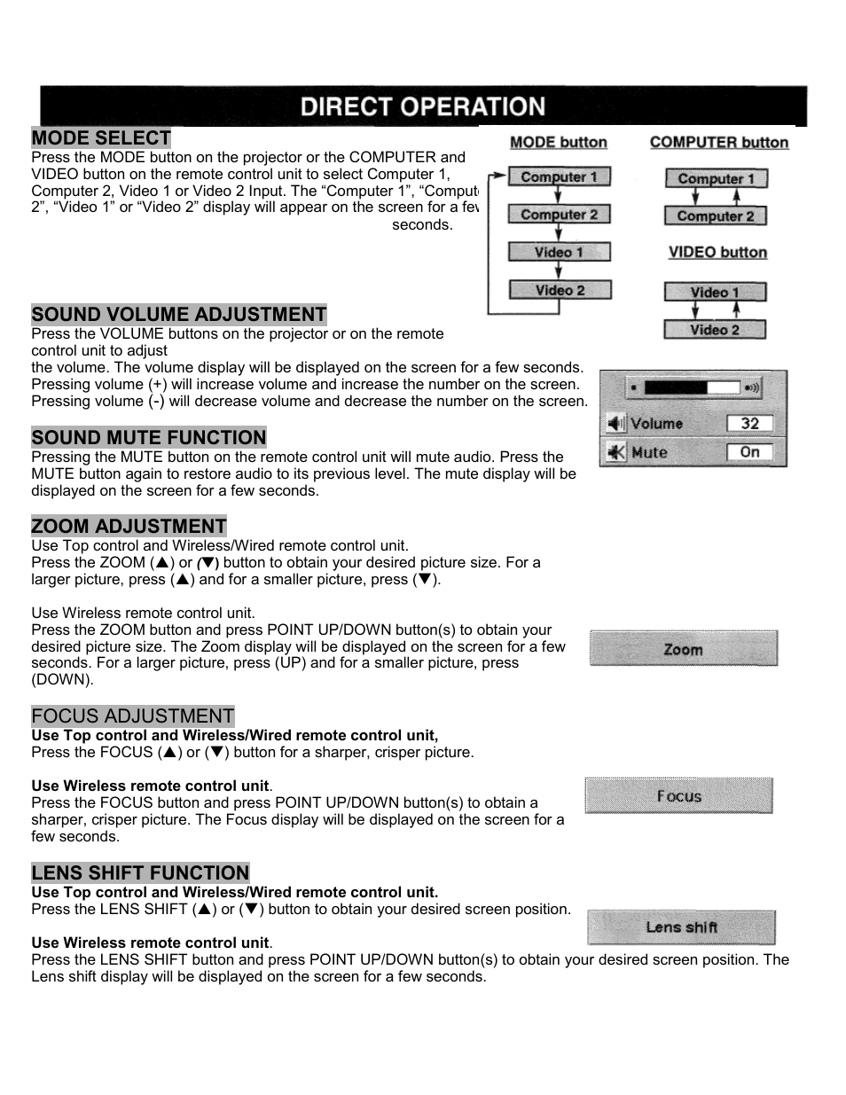 Direct operation, Mode select, Sound volume adjustment | Sound mute function, Zoom adjustment, Focus adjustment, Lens shift adjustment, Lens shift function | Eiki LC-SXIU User Manual | Page 33 / 59