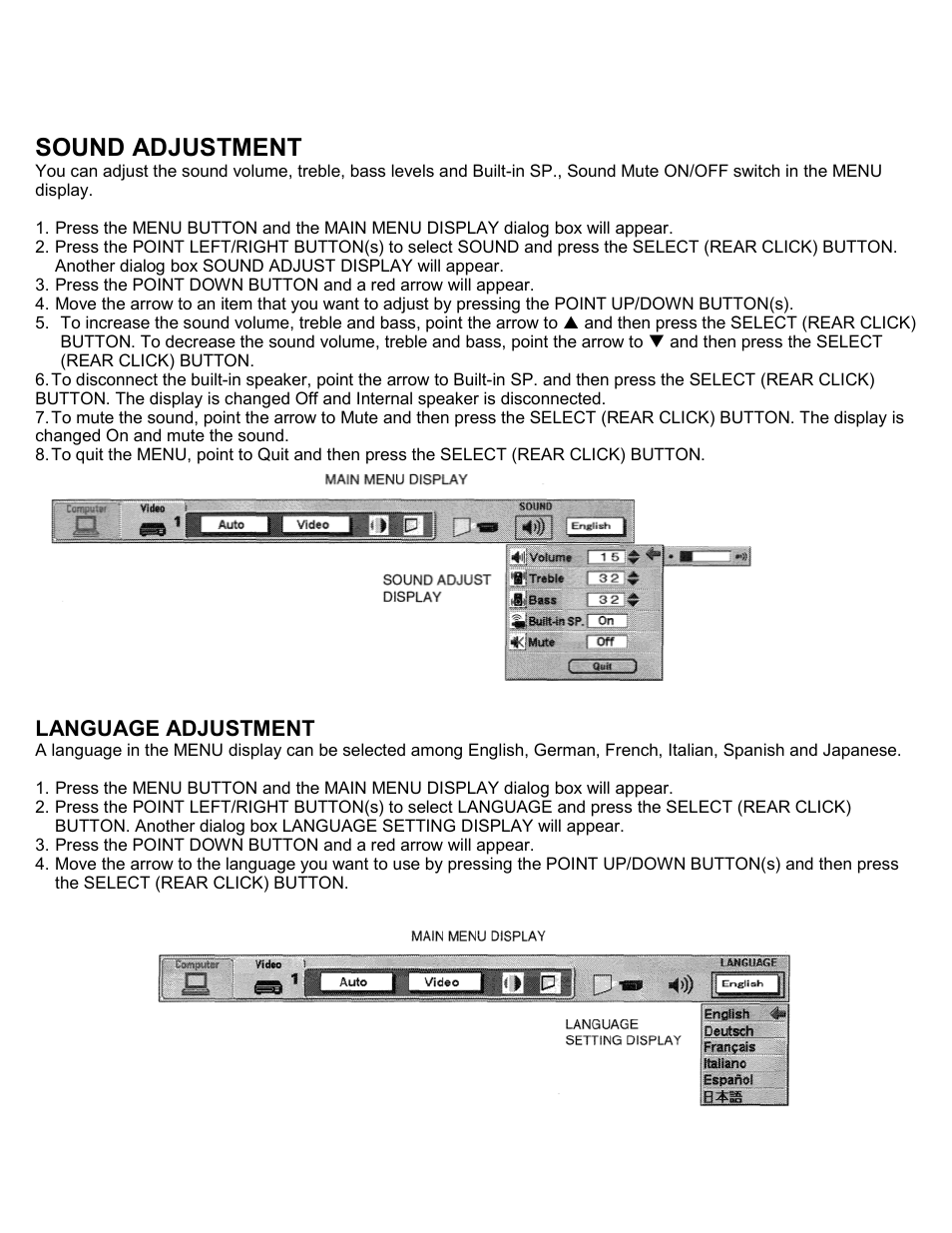 Sound adjustment, Language adjustment | Eiki LC-SXIU User Manual | Page 36 / 59