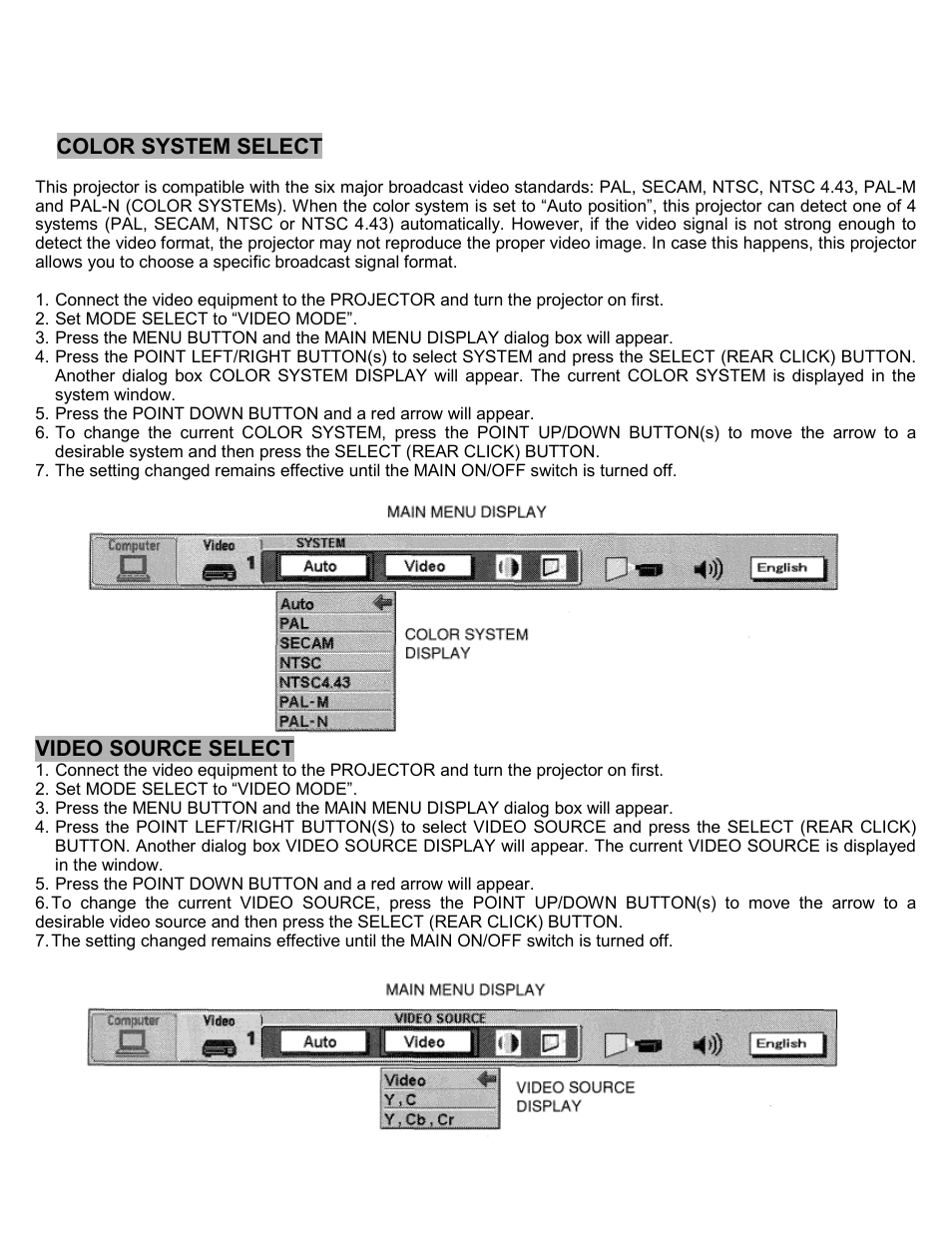 Video mode, Color system select, Video source select | Eiki LC-SXIU User Manual | Page 37 / 59