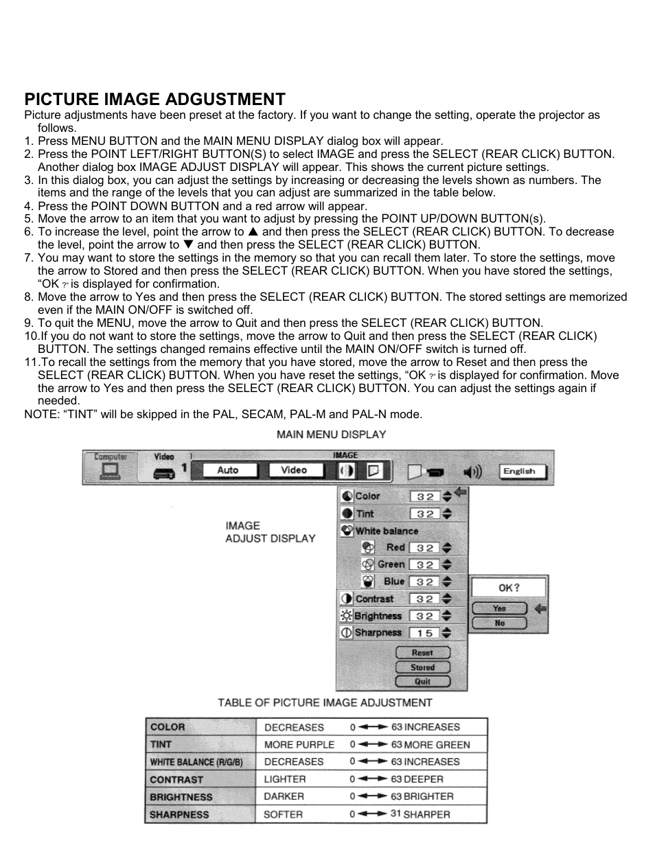 Picture image adjustment, Picture image adgustment | Eiki LC-SXIU User Manual | Page 38 / 59