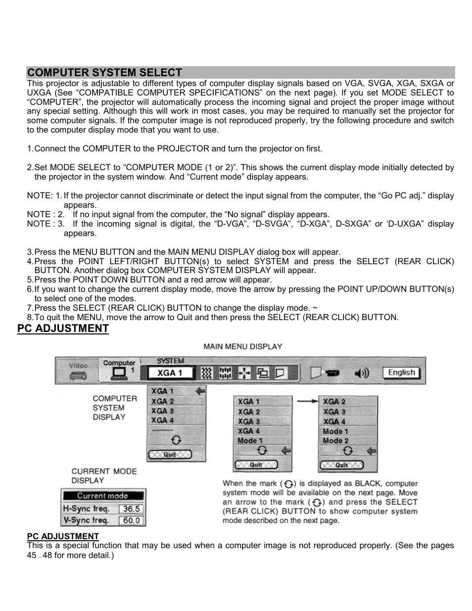 Computer mode, Computer system select, Pc adjustment | Eiki LC-SXIU User Manual | Page 40 / 59