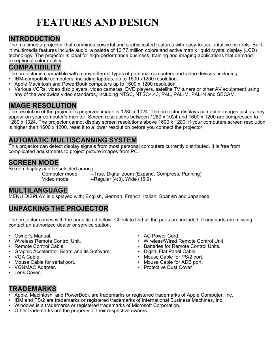 Features and design, Introduction, Compatibility | Image resolution, Automatic multiscanning system, Screen mode, Multilanguage, Unpacking the projector, Trademarks | Eiki LC-SXIU User Manual | Page 5 / 59