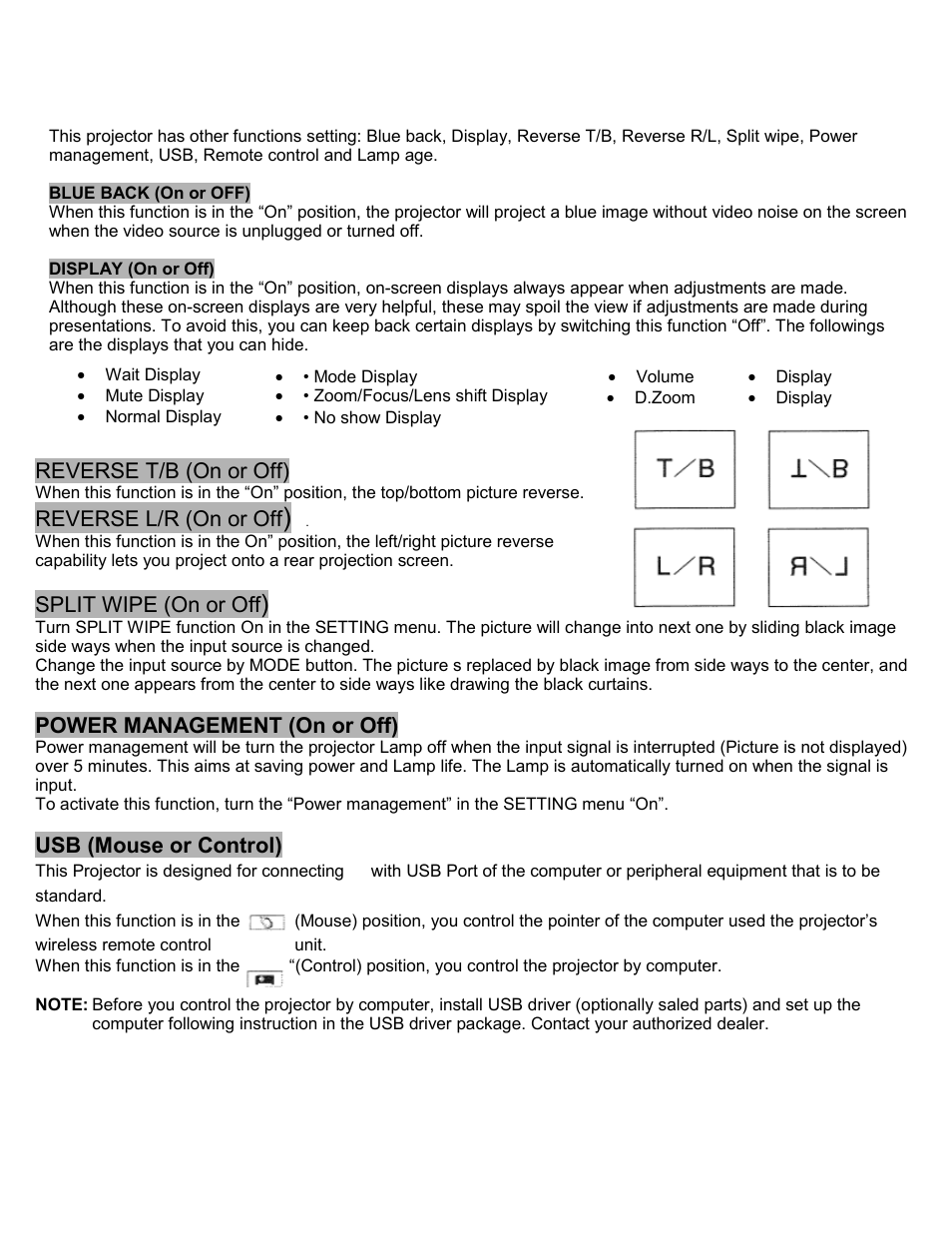 Other function settings, Blue back, Display | Reverse t/b, Reverse l/r, Split wipe, Power management, Usb (mouse or control) | Eiki LC-SXIU User Manual | Page 50 / 59