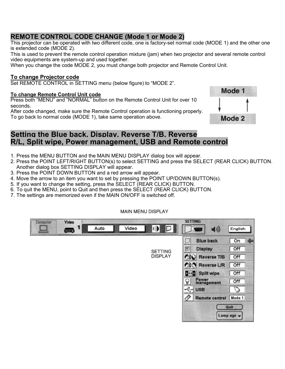 Remote control (mode 1 or mode 2) | Eiki LC-SXIU User Manual | Page 51 / 59