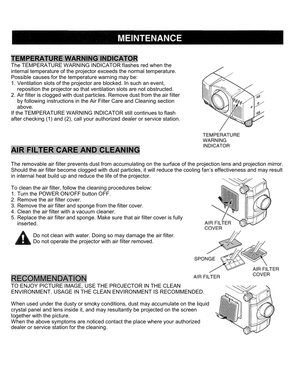 Appendix, Meintenance, Temperature warning indicator | Air filter care and cleaning, Recommendation | Eiki LC-SXIU User Manual | Page 53 / 59