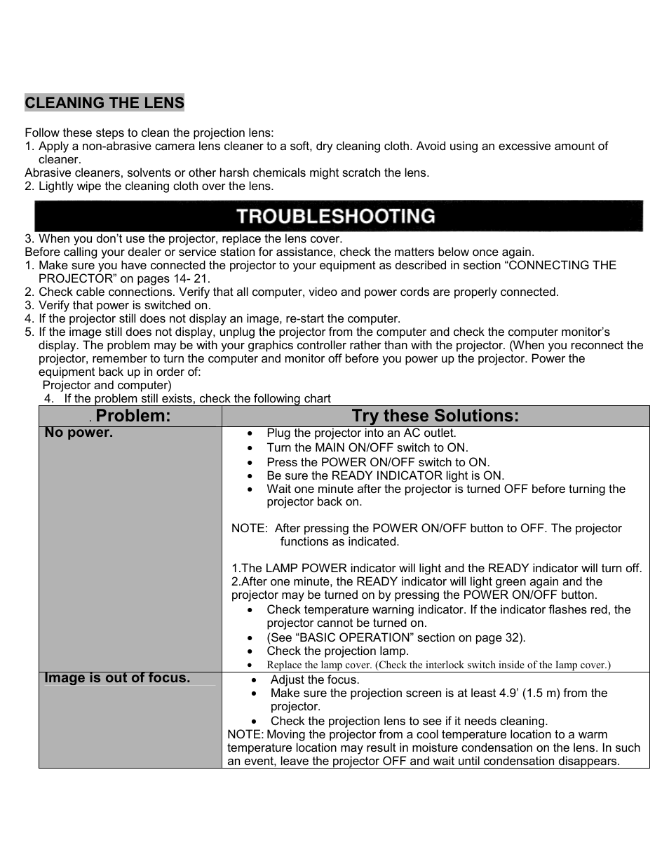 Cleaning the lens, Troubleshooting, Problem | Try these solutions | Eiki LC-SXIU User Manual | Page 55 / 59